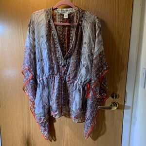 Alberto Makali 100% Silk Multicolor Tunic with Red Detailing- Size M